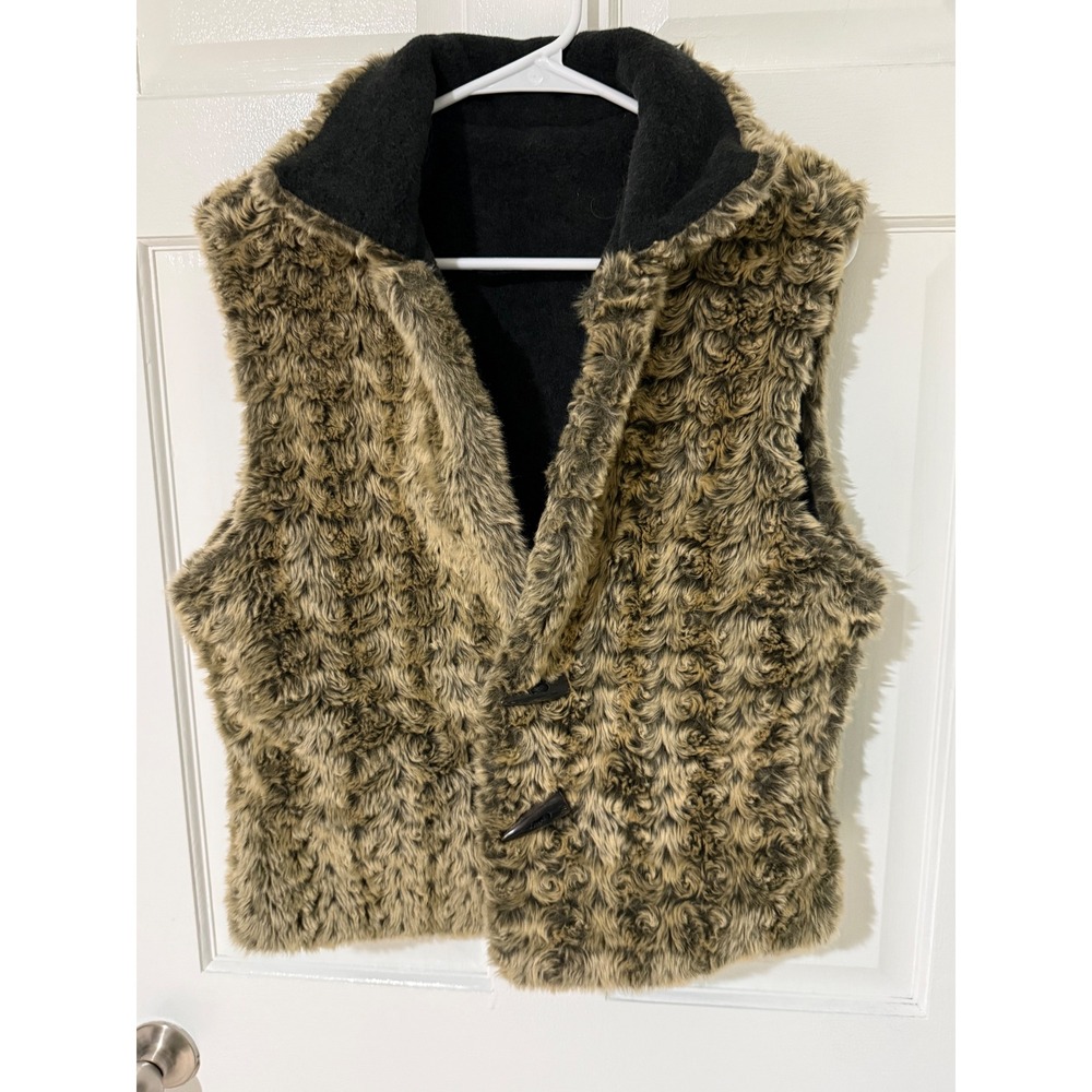 Fjall Reversible Faux Fur Vest Womens Brown Tan Black Toggle Button Closure